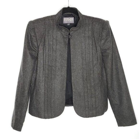Wool Open Blazer Jacket L Mandarin Collar Front Tuxedo Pleats Puff Sleeves Gray - Picture 1 of 7